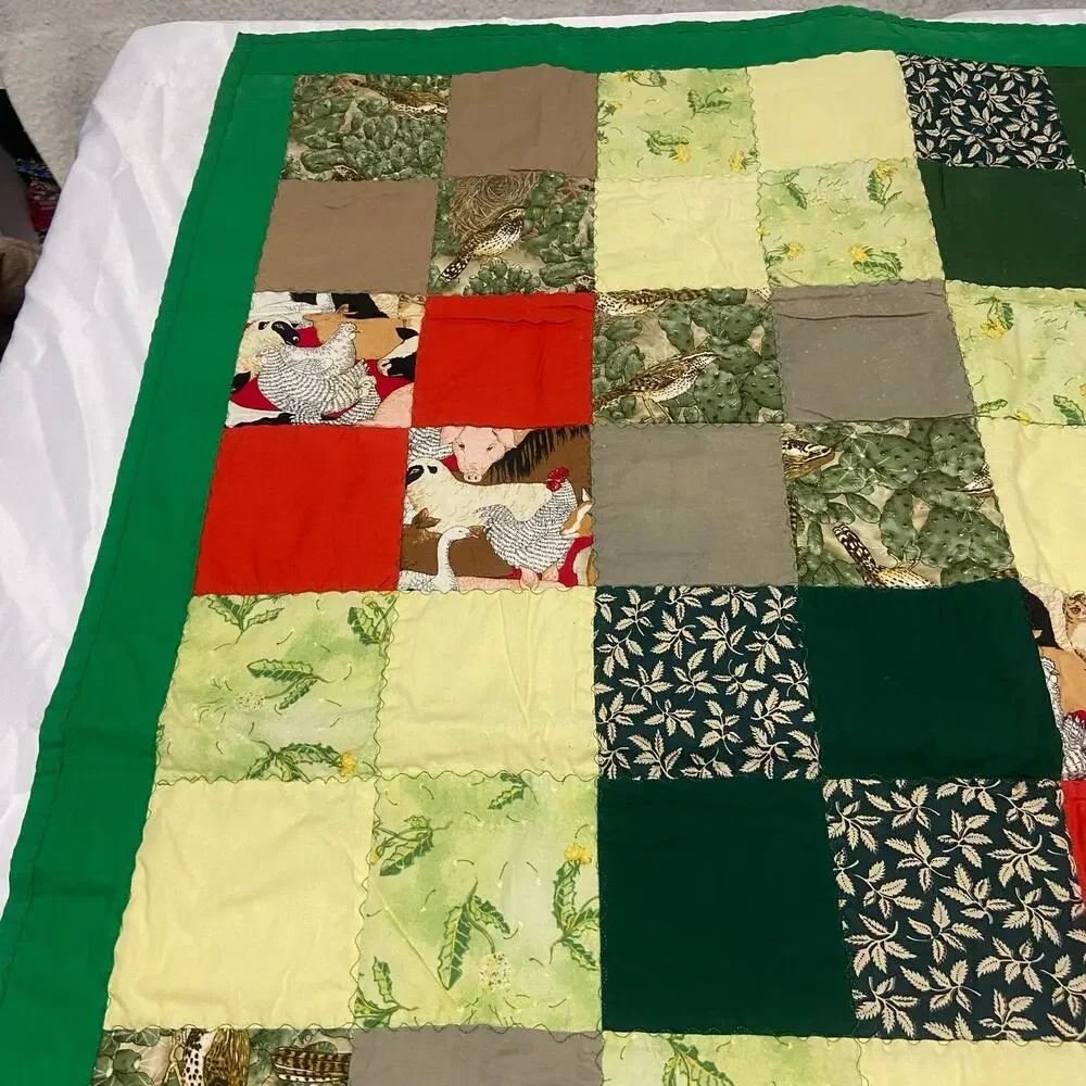 Baby Blanket Farm Animals Birds Green Border & Background Lap Blanket Handmade